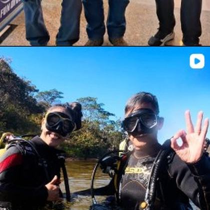 Mergulhadores fazendo sinal de OK após batismo de mergulho no Lago Paranoá, Brasília